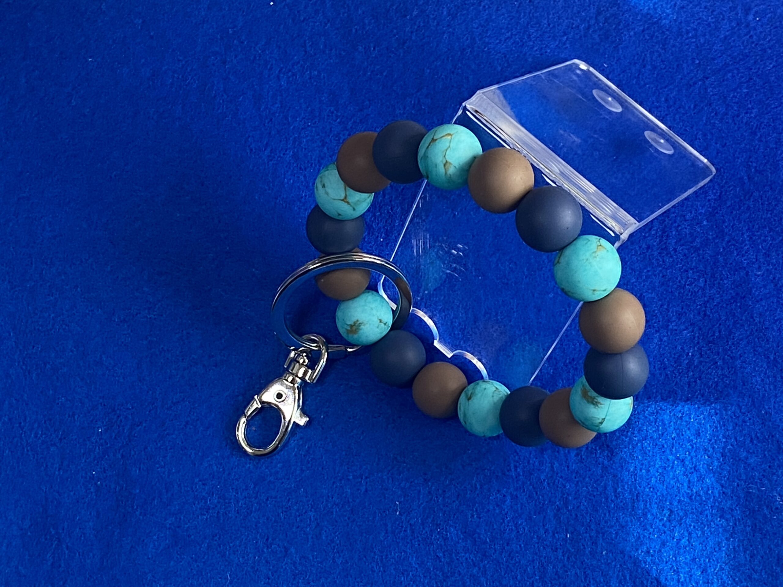 Blue stone and brown silicone bead keychain wristlet