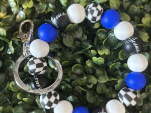 Beaded Wristlet Keychain Blue and Checkered